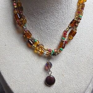 Multi-Strand Amber Bead Necklace with Pink & Turquoise Accents and Pendant